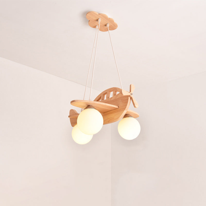 Wood Aircraft Shaped Chandelier Pendant Light Contemporary Beige LED Ceiling Light with Opal Glass Shade Clearhalo 'Ceiling Lights' 'Chandeliers' Lighting' options 2057828