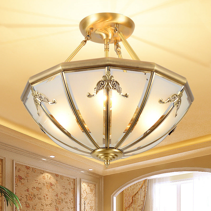 Opal Glass Dome Shaped Flush Mount Lighting Classic Bedroom Semi Flush Chandelier in Gold Gold Downrods Clearhalo 'Ceiling Lights' 'Close To Ceiling Lights' 'Close to ceiling' 'Flush mount' Lighting' 2058063