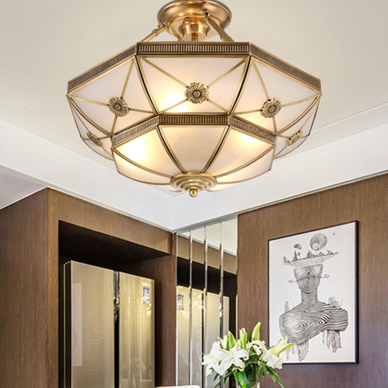 Traditional Dome Shaped Semi Flush Chandelier 6 Heads Frost Glass Ceiling Mounted Light in Gold Gold C Clearhalo 'Ceiling Lights' 'Close To Ceiling Lights' 'Close to ceiling' 'Semi-flushmount' Lighting' 2058096