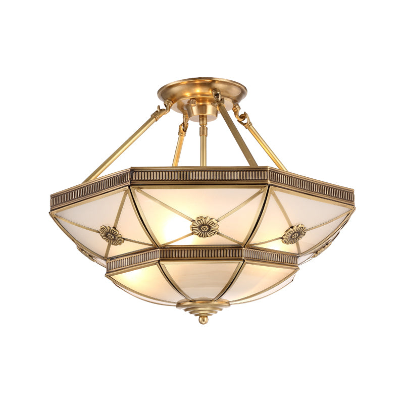 Traditional Dome Shaped Semi Flush Chandelier 6 Heads Frost Glass Ceiling Mounted Light in Gold Clearhalo 'Ceiling Lights' 'Close To Ceiling Lights' 'Close to ceiling' 'Semi-flushmount' Lighting' 2058098