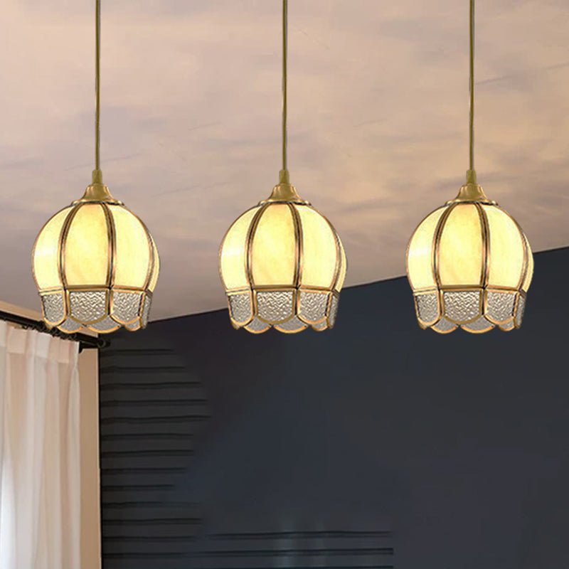 3 Heads Dome Shaped Multi Ceiling Lamp Simplicity Gold Ripple Glass Suspension Light Fixture Clearhalo 'Ceiling Lights' 'Pendant Lights' 'Pendants' Lighting' 2058164