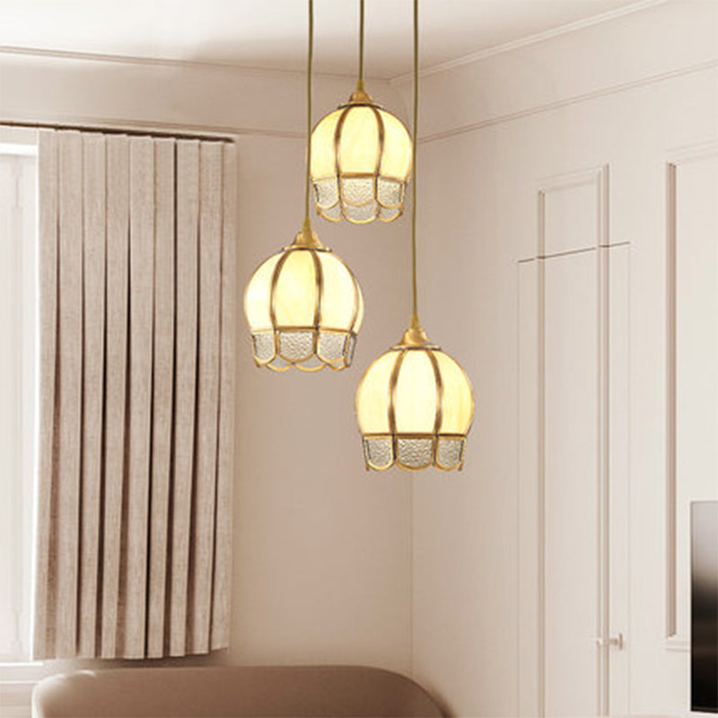 3 Heads Dome Shaped Multi Ceiling Lamp Simplicity Gold Ripple Glass Suspension Light Fixture Gold Round Clearhalo 'Ceiling Lights' 'Pendant Lights' 'Pendants' Lighting' 2058166_b5b29cc0-e4c9-4b48-b82f-128736ca76f4