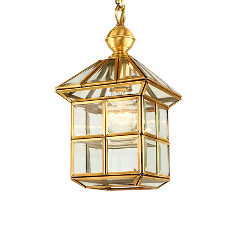 Clear Glass Gold Suspension Light House Shaped Single Simplicity Pendant Light Fixture for Corridor Clearhalo 'Ceiling Lights' 'Pendant Lights' 'Pendants' Lighting' 2058174