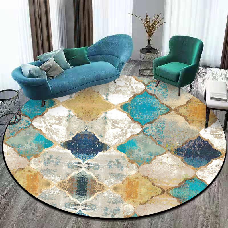 Distressed Blue-Yellow Moroccan Rug Polypropylene Quatrefoil Patterned Carpet Non-Slip Backing Pet Friendly Stain Resistant Rug for Room Blue-Yellow Clearhalo 'Area Rug' 'Moroccan' 'Rugs' Rug' 2058591