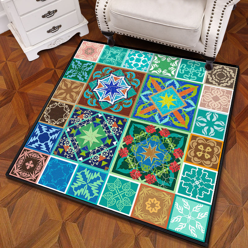 Multicolored Mandala Rug Polypropylene Turkish Rug Non-Slip Backing Stain Resistant Machine Washable Carpet for Bedroom Turquoise Clearhalo 'Area Rug' 'Moroccan' 'Rugs' Rug' 2059116