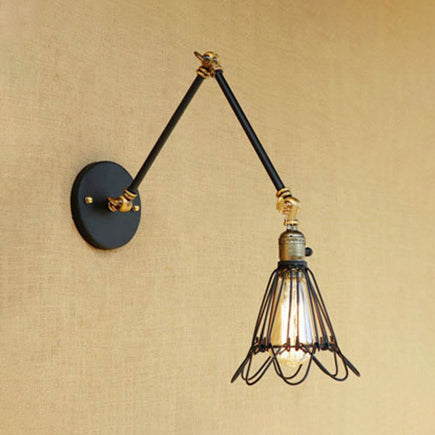 Wrought Iron Wire Cage Wall Mount Light Farmhouse 1 Head Restaurant Arm Adjustable Wall Sconce Light in Bronze/Brass Brass Clearhalo 'Wall Lamps & Sconces' 'Wall Lights' Lighting' 20592