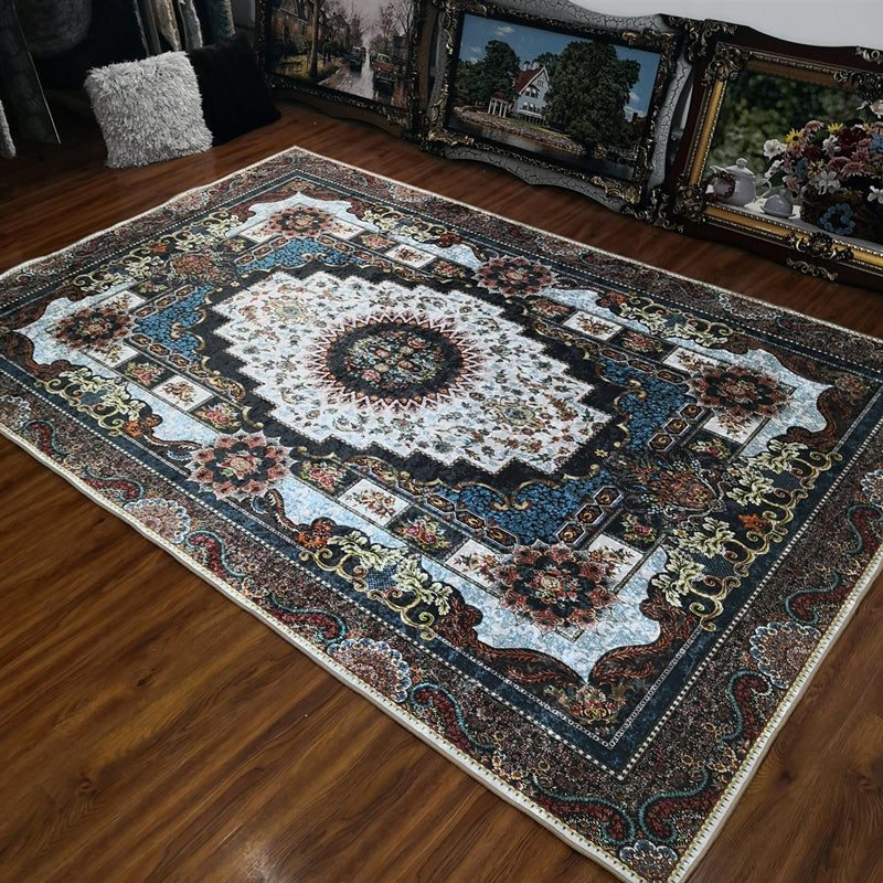 Glam Persian Indoor Rug Multi Color Floral Print Rug Anti-Slip Backing Machine Washable Pet Friendly Carpet for Living Room Blue-Brown Clearhalo 'Area Rug' 'Moroccan' 'Rugs' Rug' 2059318