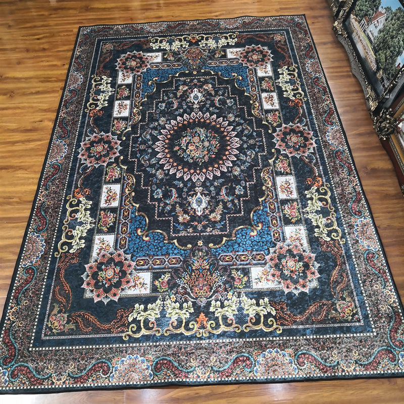 Glam Persian Indoor Rug Multi Color Floral Print Rug Anti-Slip Backing Machine Washable Pet Friendly Carpet for Living Room Blue-Black Clearhalo 'Area Rug' 'Moroccan' 'Rugs' Rug' 2059324