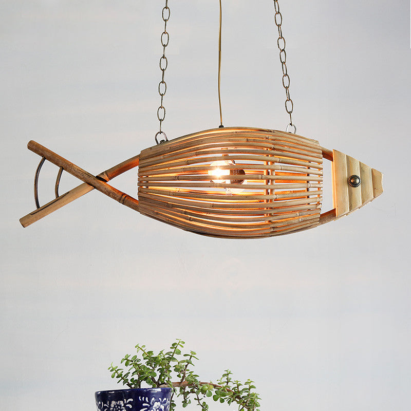 Bamboo Fish Cage Hanging Pendant Asian Style 2-Head Beige Ceiling Chandelier for Dining Room Clearhalo 'Ceiling Lights' 'Chandeliers' Lighting' options 2059361