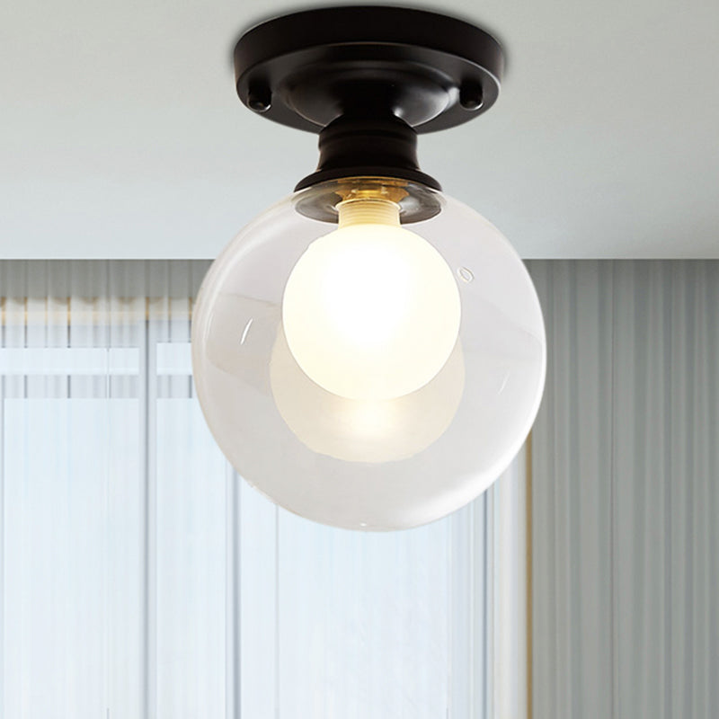 Black One Light Ceiling Lighting Industrial Clear Glass Globe/Round/Oval Shade Flush Mount Light for Living Room Clearhalo 'Ceiling Lights' 'Close To Ceiling Lights' 'Close to ceiling' 'Semi-flushmount' Lighting' 205947