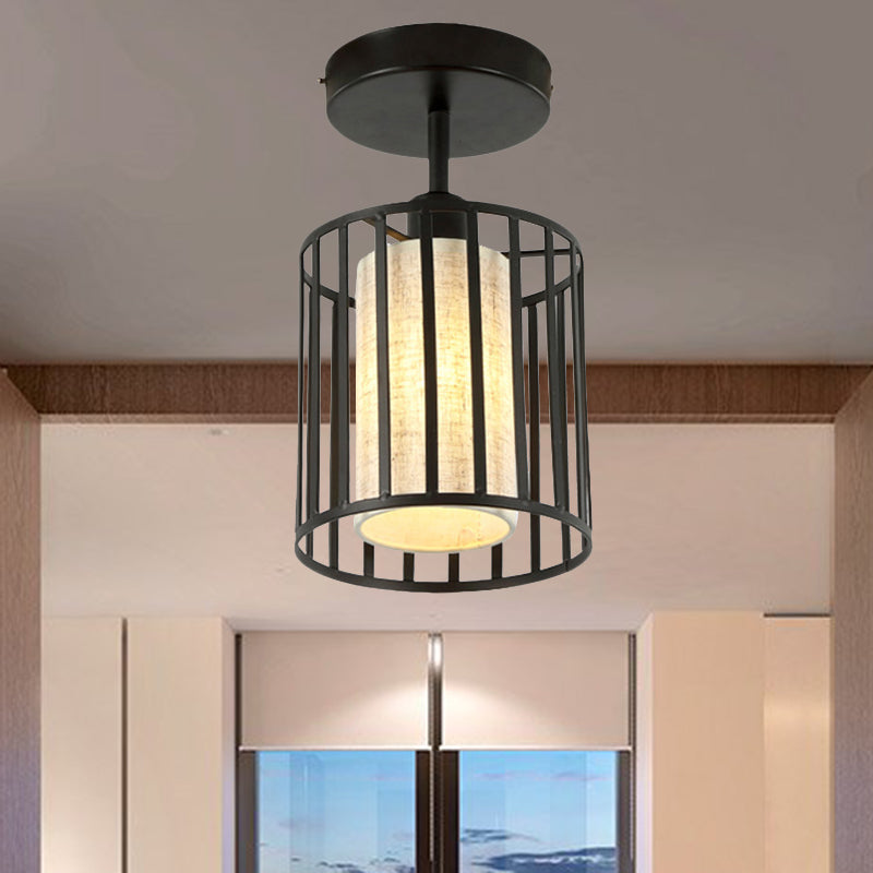 One Light Cylinder/Barrel Semi Flush Light Industrial Black Metal Lighting Fixture for Corridor with Fabric Shade Black Cylinder Clearhalo 'Ceiling Lights' 'Close To Ceiling Lights' 'Close to ceiling' 'Semi-flushmount' Lighting' 205962