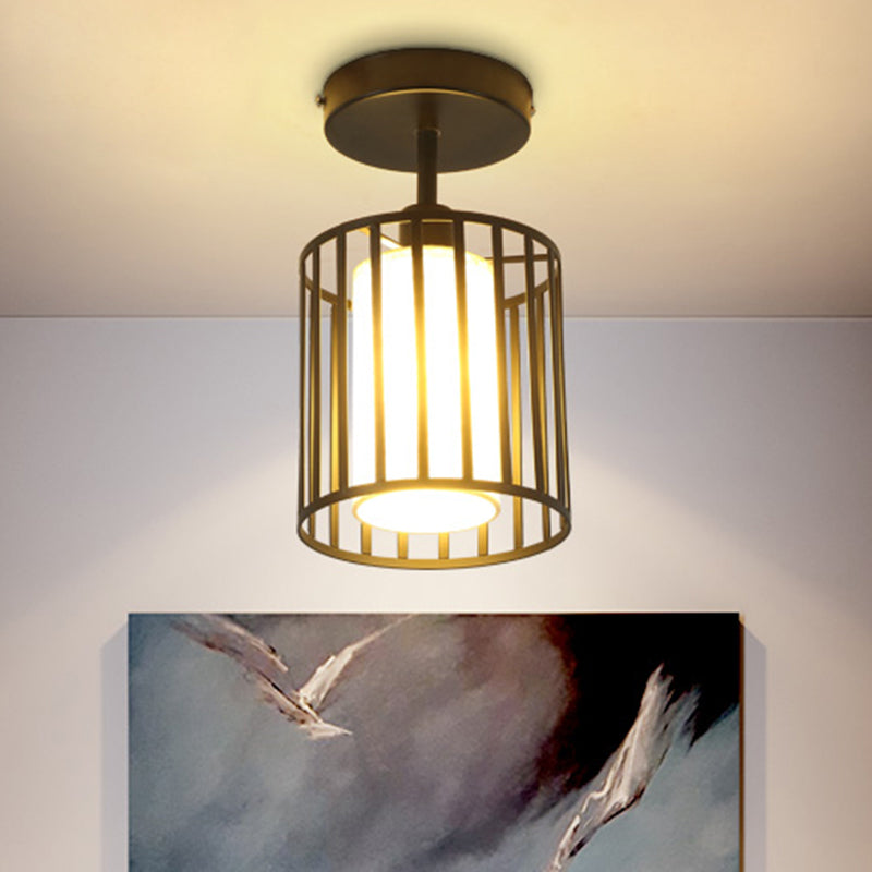 One Light Cylinder/Barrel Semi Flush Light Industrial Black Metal Lighting Fixture for Corridor with Fabric Shade Clearhalo 'Ceiling Lights' 'Close To Ceiling Lights' 'Close to ceiling' 'Semi-flushmount' Lighting' 205963