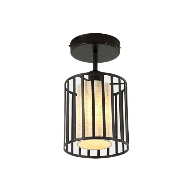 One Light Cylinder/Barrel Semi Flush Light Industrial Black Metal Lighting Fixture for Corridor with Fabric Shade Clearhalo 'Ceiling Lights' 'Close To Ceiling Lights' 'Close to ceiling' 'Semi-flushmount' Lighting' 205964