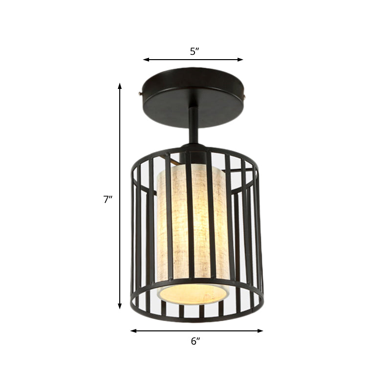 One Light Cylinder/Barrel Semi Flush Light Industrial Black Metal Lighting Fixture for Corridor with Fabric Shade Clearhalo 'Ceiling Lights' 'Close To Ceiling Lights' 'Close to ceiling' 'Semi-flushmount' Lighting' 205965