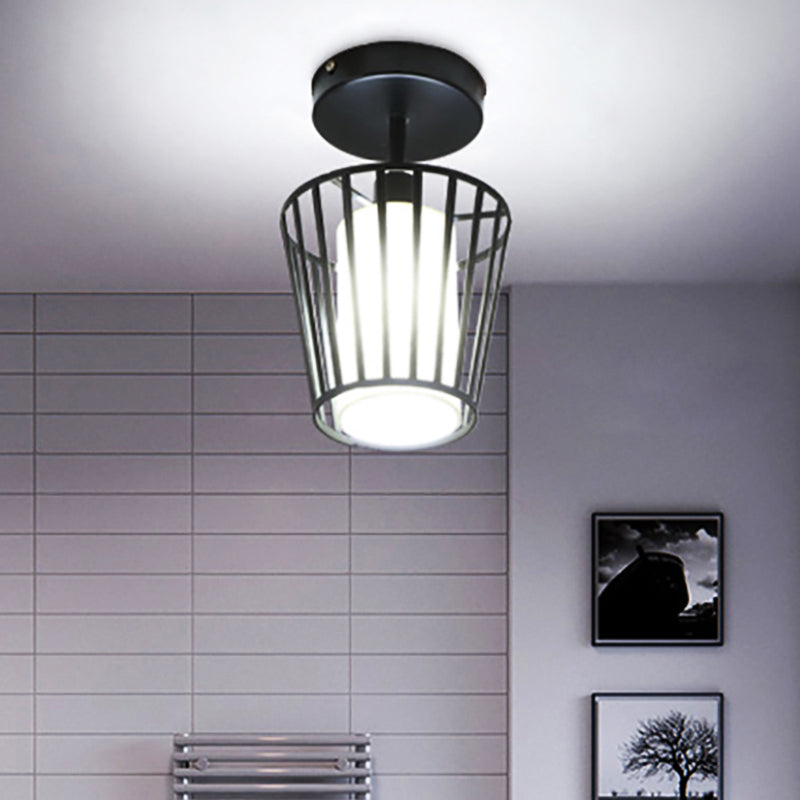 One Light Cylinder/Barrel Semi Flush Light Industrial Black Metal Lighting Fixture for Corridor with Fabric Shade Black Barrel Clearhalo 'Ceiling Lights' 'Close To Ceiling Lights' 'Close to ceiling' 'Semi-flushmount' Lighting' 205966