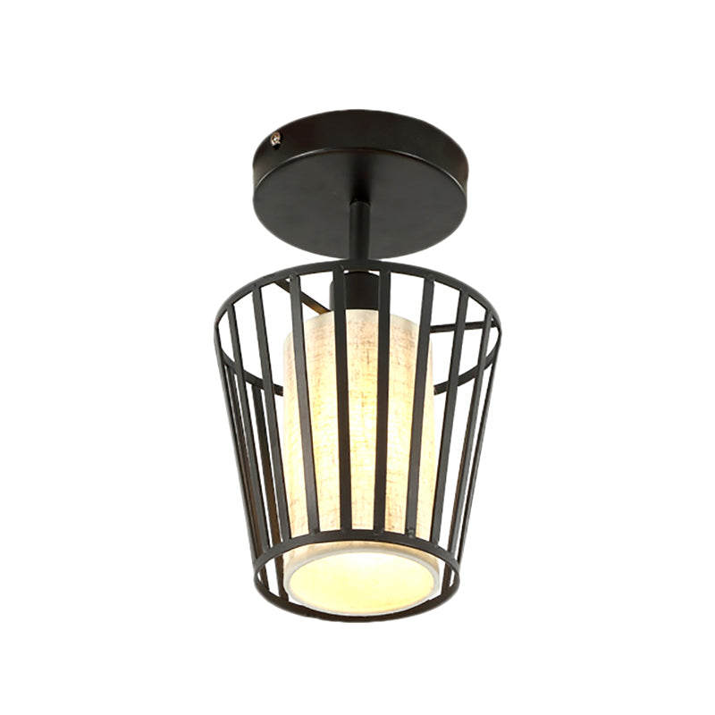 One Light Cylinder/Barrel Semi Flush Light Industrial Black Metal Lighting Fixture for Corridor with Fabric Shade Clearhalo 'Ceiling Lights' 'Close To Ceiling Lights' 'Close to ceiling' 'Semi-flushmount' Lighting' 205968