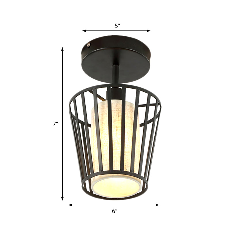 One Light Cylinder/Barrel Semi Flush Light Industrial Black Metal Lighting Fixture for Corridor with Fabric Shade Clearhalo 'Ceiling Lights' 'Close To Ceiling Lights' 'Close to ceiling' 'Semi-flushmount' Lighting' 205969