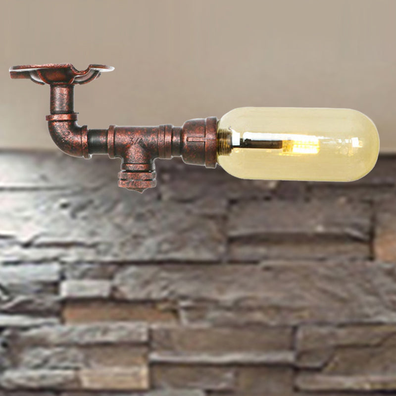 Oval Shade Amber Glass Semi Flush Industrial Single Light Living Room Lighting Fixture in Weathered Copper with Pipe Design Weathered Copper C Clearhalo 'Ceiling Lights' 'Close To Ceiling Lights' 'Close to ceiling' 'Semi-flushmount' Lighting' 205972