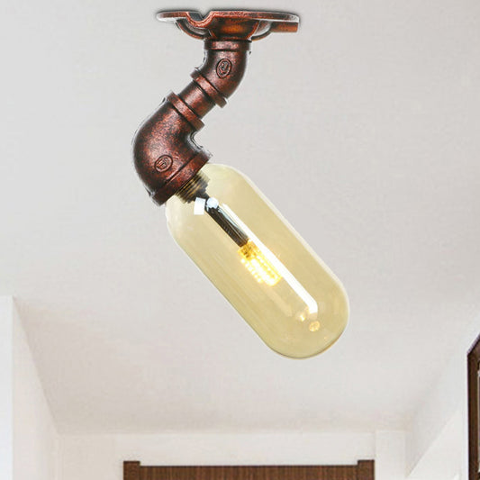 Oval Shade Amber Glass Semi Flush Industrial Single Light Living Room Lighting Fixture in Weathered Copper with Pipe Design Clearhalo 'Ceiling Lights' 'Close To Ceiling Lights' 'Close to ceiling' 'Semi-flushmount' Lighting' 205974