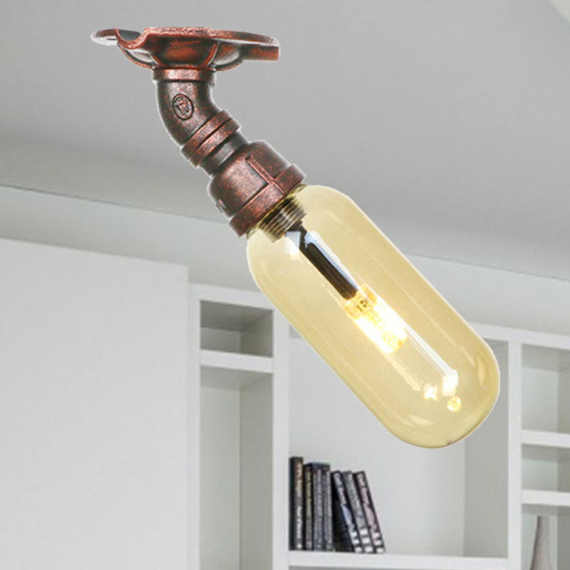 One Light Capsule Semi Flush Light Industrial Weathered Copper Amber Glass Lighting Fixture with Pipe Design Weathered Copper A Clearhalo 'Ceiling Lights' 'Close To Ceiling Lights' 'Close to ceiling' 'Semi-flushmount' Lighting' 205979