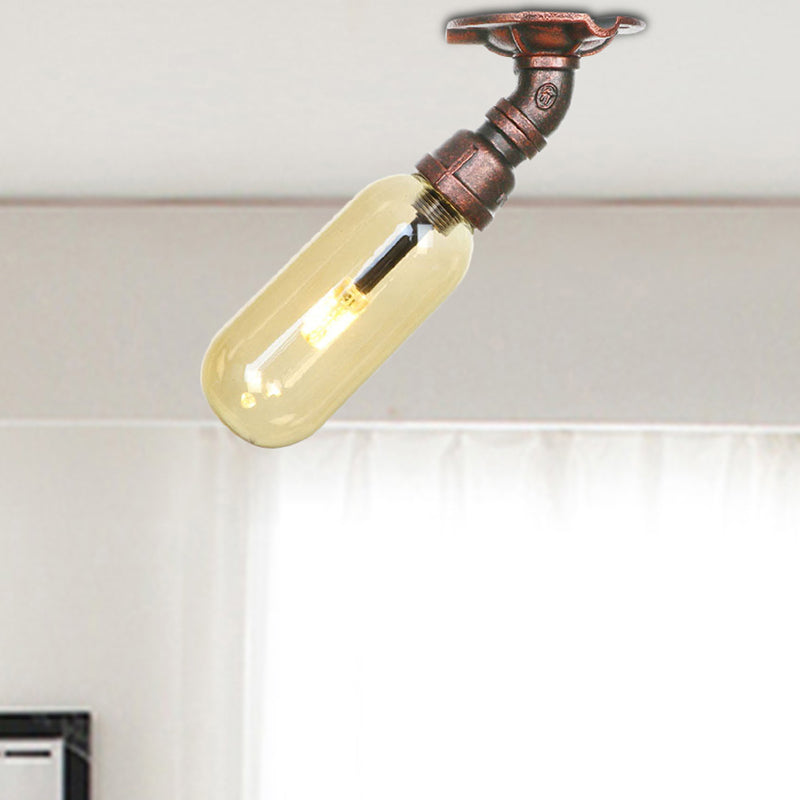 One Light Capsule Semi Flush Light Industrial Weathered Copper Amber Glass Lighting Fixture with Pipe Design Clearhalo 'Ceiling Lights' 'Close To Ceiling Lights' 'Close to ceiling' 'Semi-flushmount' Lighting' 205980