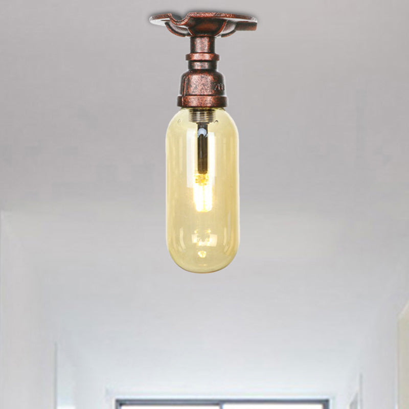 One Light Capsule Semi Flush Light Industrial Weathered Copper Amber Glass Lighting Fixture with Pipe Design Clearhalo 'Ceiling Lights' 'Close To Ceiling Lights' 'Close to ceiling' 'Semi-flushmount' Lighting' 205981