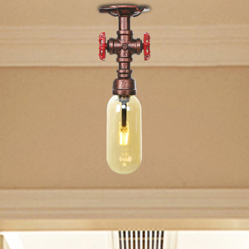 One Light Capsule Semi Flush Light Industrial Weathered Copper Amber Glass Lighting Fixture with Pipe Design Clearhalo 'Ceiling Lights' 'Close To Ceiling Lights' 'Close to ceiling' 'Semi-flushmount' Lighting' 205982