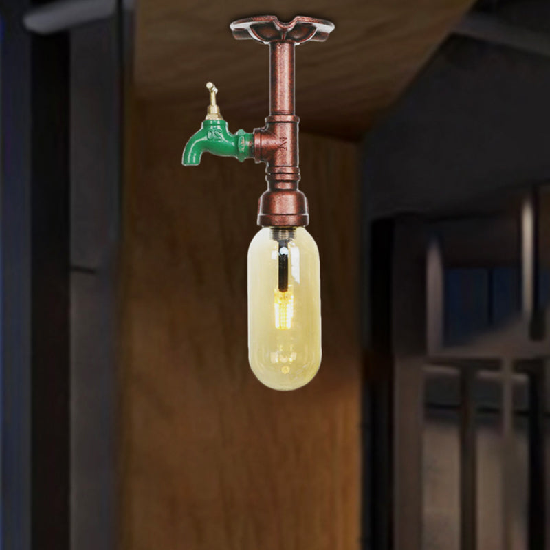 One Light Capsule Semi Flush Light Industrial Weathered Copper Amber Glass Lighting Fixture with Pipe Design Clearhalo 'Ceiling Lights' 'Close To Ceiling Lights' 'Close to ceiling' 'Semi-flushmount' Lighting' 205983