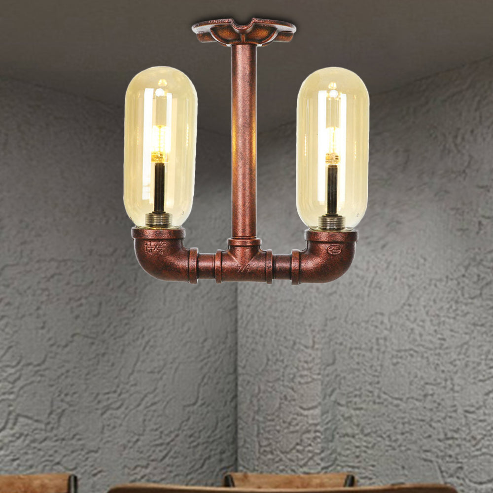 Capsule Shade Amber Glass Semi Flush Industrial 2-Bulb Dining Room Light Fixture in Weathered Copper Weathered Copper A Clearhalo 'Ceiling Lights' 'Close To Ceiling Lights' 'Close to ceiling' 'Semi-flushmount' Lighting' 205993