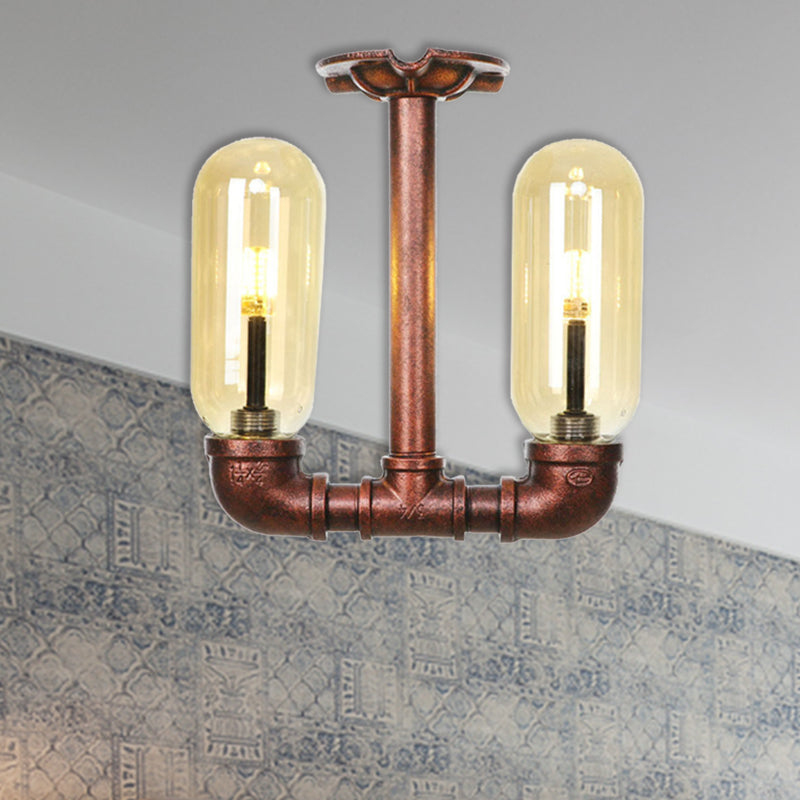 Capsule Shade Amber Glass Semi Flush Industrial 2-Bulb Dining Room Light Fixture in Weathered Copper Clearhalo 'Ceiling Lights' 'Close To Ceiling Lights' 'Close to ceiling' 'Semi-flushmount' Lighting' 205994