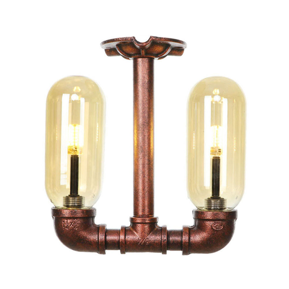 Capsule Shade Amber Glass Semi Flush Industrial 2-Bulb Dining Room Light Fixture in Weathered Copper Clearhalo 'Ceiling Lights' 'Close To Ceiling Lights' 'Close to ceiling' 'Semi-flushmount' Lighting' 205995