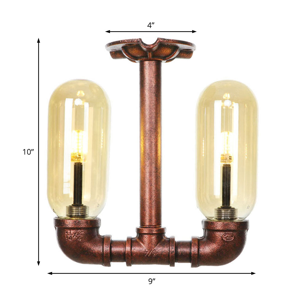 Capsule Shade Amber Glass Semi Flush Industrial 2-Bulb Dining Room Light Fixture in Weathered Copper Clearhalo 'Ceiling Lights' 'Close To Ceiling Lights' 'Close to ceiling' 'Semi-flushmount' Lighting' 205996