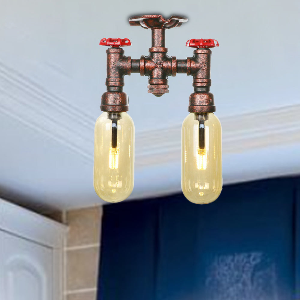 Capsule Shade Amber Glass Semi Flush Industrial 2-Bulb Dining Room Light Fixture in Weathered Copper Weathered Copper B Clearhalo 'Ceiling Lights' 'Close To Ceiling Lights' 'Close to ceiling' 'Semi-flushmount' Lighting' 205997