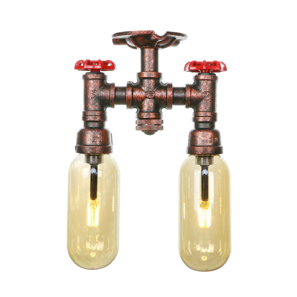 Capsule Shade Amber Glass Semi Flush Industrial 2-Bulb Dining Room Light Fixture in Weathered Copper Clearhalo 'Ceiling Lights' 'Close To Ceiling Lights' 'Close to ceiling' 'Semi-flushmount' Lighting' 205998