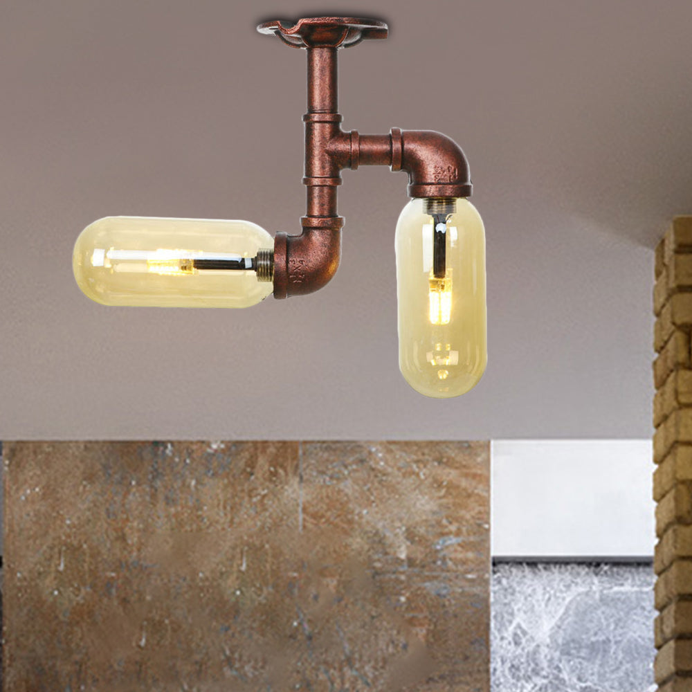 Capsule Shade Amber Glass Semi Flush Industrial 2-Bulb Dining Room Light Fixture in Weathered Copper Weathered Copper C Clearhalo 'Ceiling Lights' 'Close To Ceiling Lights' 'Close to ceiling' 'Semi-flushmount' Lighting' 206000