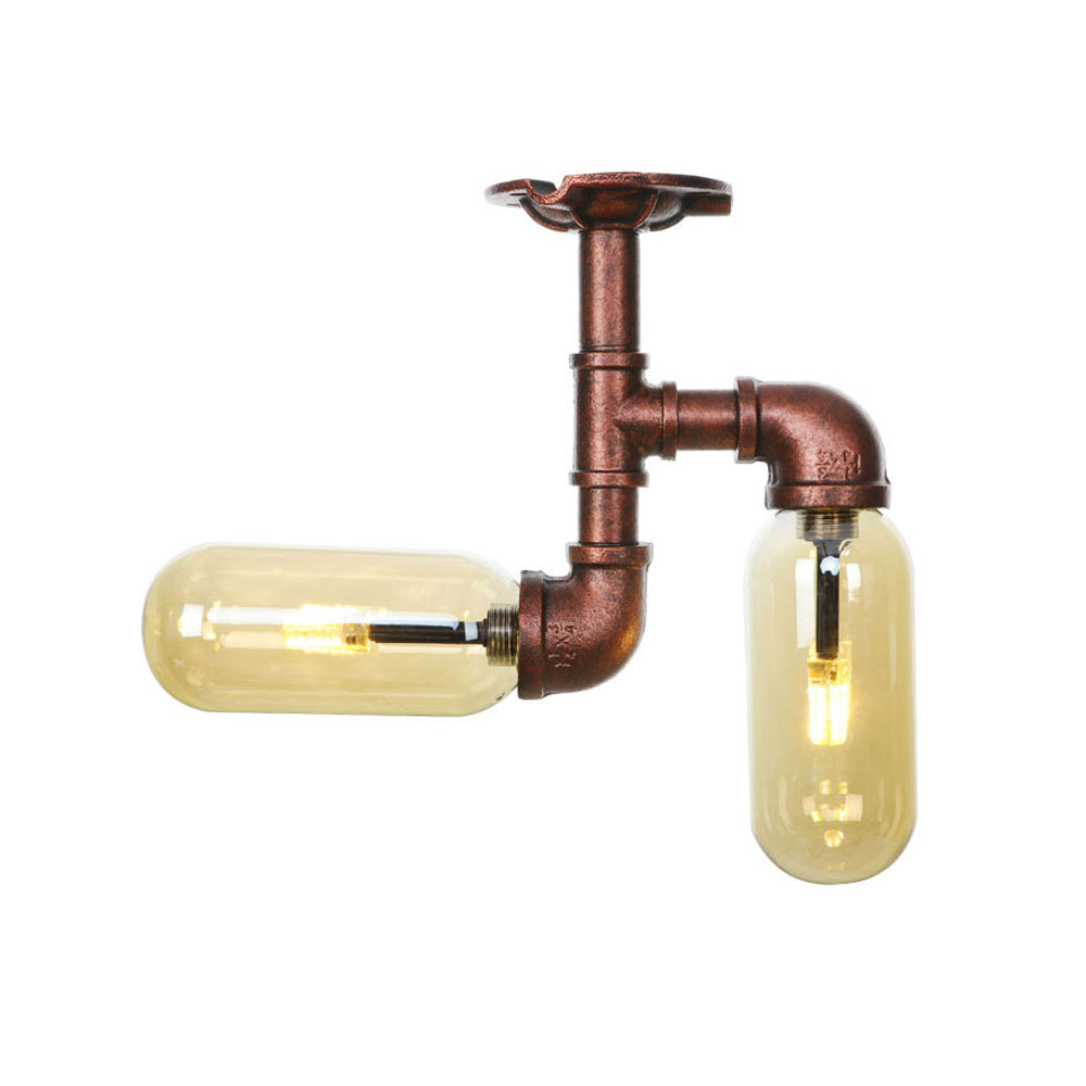 Capsule Shade Amber Glass Semi Flush Industrial 2-Bulb Dining Room Light Fixture in Weathered Copper Clearhalo 'Ceiling Lights' 'Close To Ceiling Lights' 'Close to ceiling' 'Semi-flushmount' Lighting' 206001