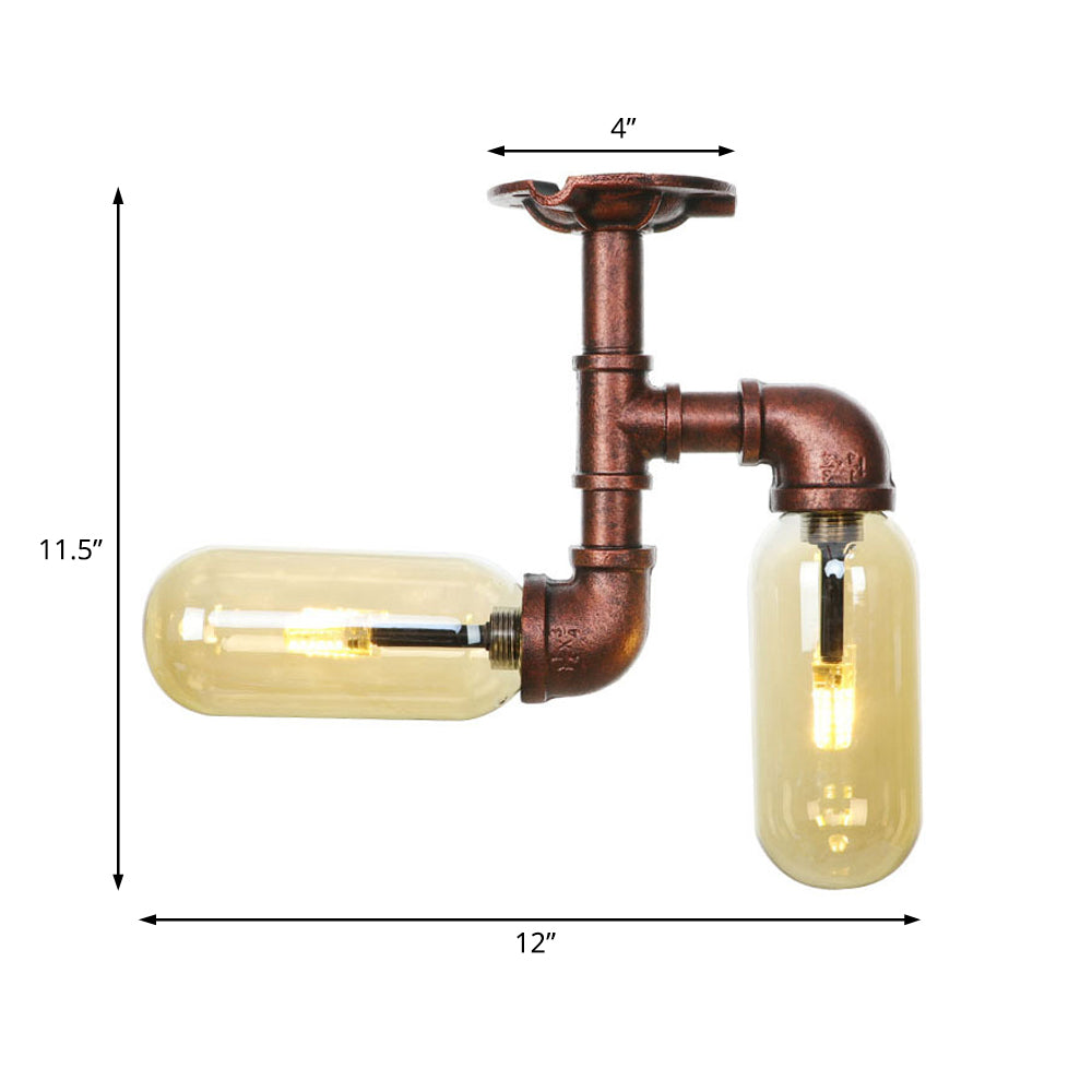 Capsule Shade Amber Glass Semi Flush Industrial 2-Bulb Dining Room Light Fixture in Weathered Copper Clearhalo 'Ceiling Lights' 'Close To Ceiling Lights' 'Close to ceiling' 'Semi-flushmount' Lighting' 206002