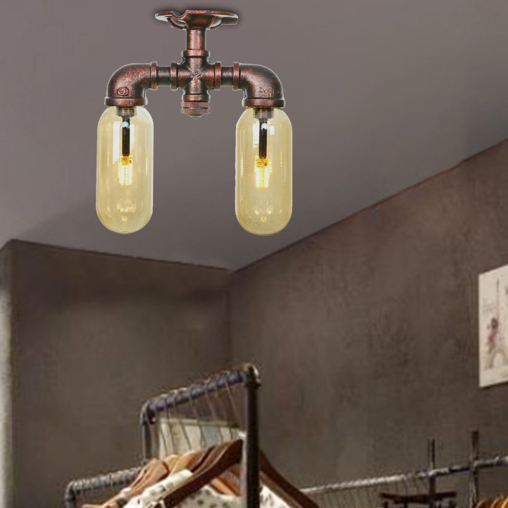 Capsule Shade Amber Glass Semi Flush Industrial 2-Bulb Dining Room Light Fixture in Weathered Copper Weathered Copper D Clearhalo 'Ceiling Lights' 'Close To Ceiling Lights' 'Close to ceiling' 'Semi-flushmount' Lighting' 206003