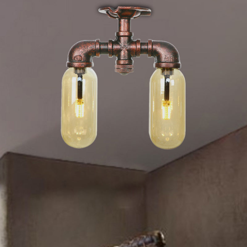 Capsule Shade Amber Glass Semi Flush Industrial 2-Bulb Dining Room Light Fixture in Weathered Copper Clearhalo 'Ceiling Lights' 'Close To Ceiling Lights' 'Close to ceiling' 'Semi-flushmount' Lighting' 206004