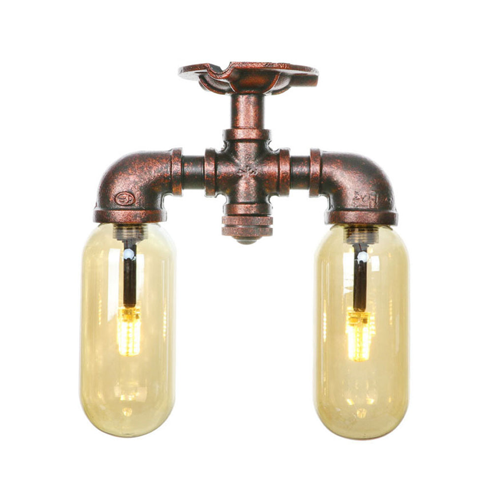 Capsule Shade Amber Glass Semi Flush Industrial 2-Bulb Dining Room Light Fixture in Weathered Copper Clearhalo 'Ceiling Lights' 'Close To Ceiling Lights' 'Close to ceiling' 'Semi-flushmount' Lighting' 206005