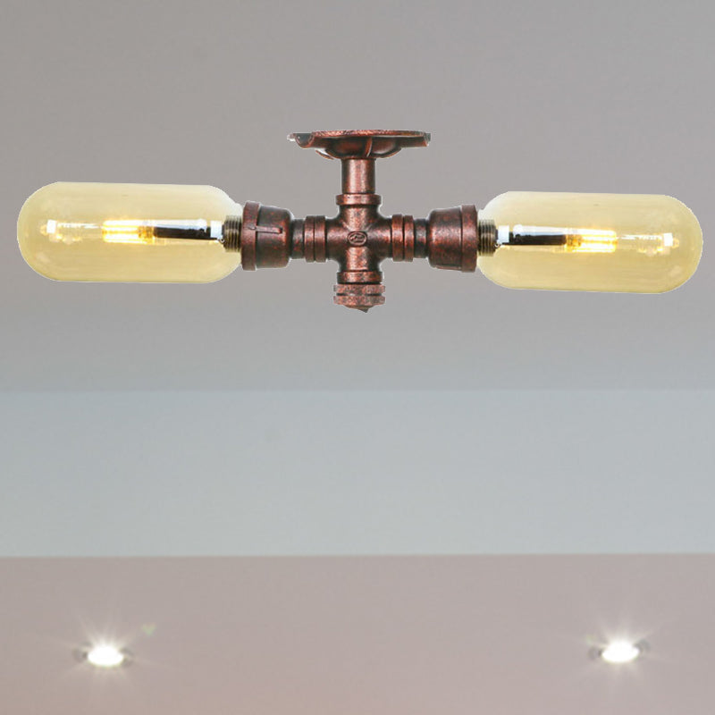 Oval Shade Amber Glass Semi Mount Lighting Rustic Style 2 Bulbs Kitchen Ceiling Light in Weathered Copper with Pipe Design Clearhalo 'Ceiling Lights' 'Close To Ceiling Lights' 'Close to ceiling' 'Semi-flushmount' Lighting' 206009