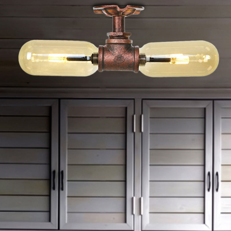 Oval Shade Amber Glass Semi Mount Lighting Rustic Style 2 Bulbs Kitchen Ceiling Light in Weathered Copper with Pipe Design Clearhalo 'Ceiling Lights' 'Close To Ceiling Lights' 'Close to ceiling' 'Semi-flushmount' Lighting' 206010