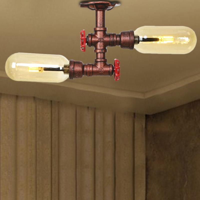 Oval Shade Amber Glass Semi Mount Lighting Rustic Style 2 Bulbs Kitchen Ceiling Light in Weathered Copper with Pipe Design Clearhalo 'Ceiling Lights' 'Close To Ceiling Lights' 'Close to ceiling' 'Semi-flushmount' Lighting' 206011