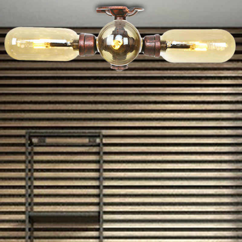 Amber Glass Semi Flush Mount Industrial Capsule Shade 3/4/5 Lights Ceiling Light in Weathered Copper with Pipe Design Clearhalo 'Ceiling Lights' 'Close To Ceiling Lights' 'Close to ceiling' 'Semi-flushmount' Lighting' 206017