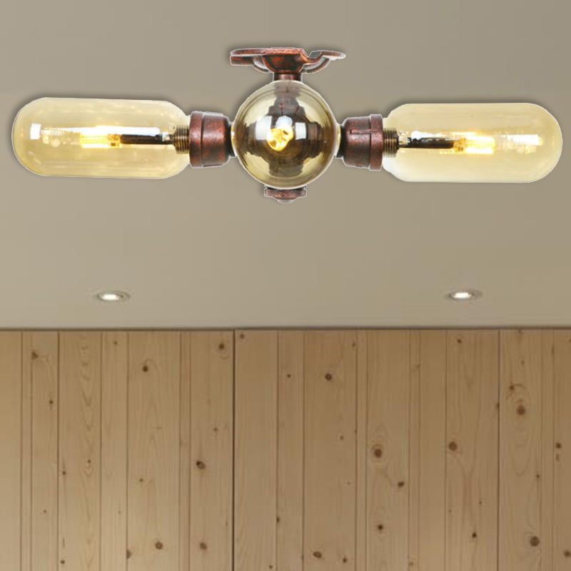 Amber Glass Semi Flush Mount Industrial Capsule Shade 3/4/5 Lights Ceiling Light in Weathered Copper with Pipe Design Weathered Copper A Clearhalo 'Ceiling Lights' 'Close To Ceiling Lights' 'Close to ceiling' 'Semi-flushmount' Lighting' 206018