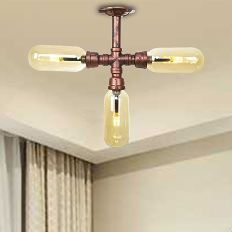 Amber Glass Semi Flush Mount Industrial Capsule Shade 3/4/5 Lights Ceiling Light in Weathered Copper with Pipe Design Clearhalo 'Ceiling Lights' 'Close To Ceiling Lights' 'Close to ceiling' 'Semi-flushmount' Lighting' 206019