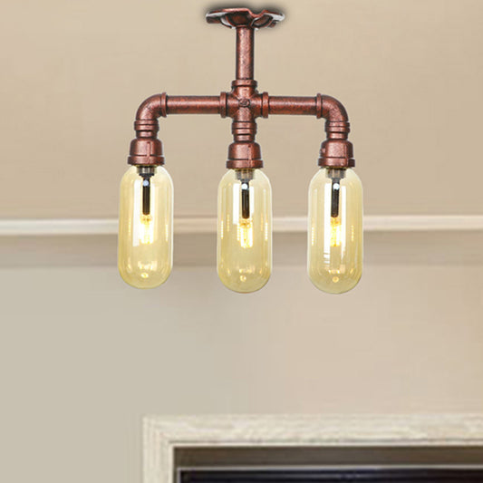 Amber Glass Semi Flush Mount Industrial Capsule Shade 3/4/5 Lights Ceiling Light in Weathered Copper with Pipe Design Clearhalo 'Ceiling Lights' 'Close To Ceiling Lights' 'Close to ceiling' 'Semi-flushmount' Lighting' 206020