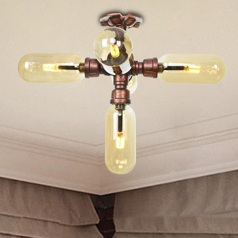 Amber Glass Semi Flush Mount Industrial Capsule Shade 3/4/5 Lights Ceiling Light in Weathered Copper with Pipe Design Clearhalo 'Ceiling Lights' 'Close To Ceiling Lights' 'Close to ceiling' 'Semi-flushmount' Lighting' 206021