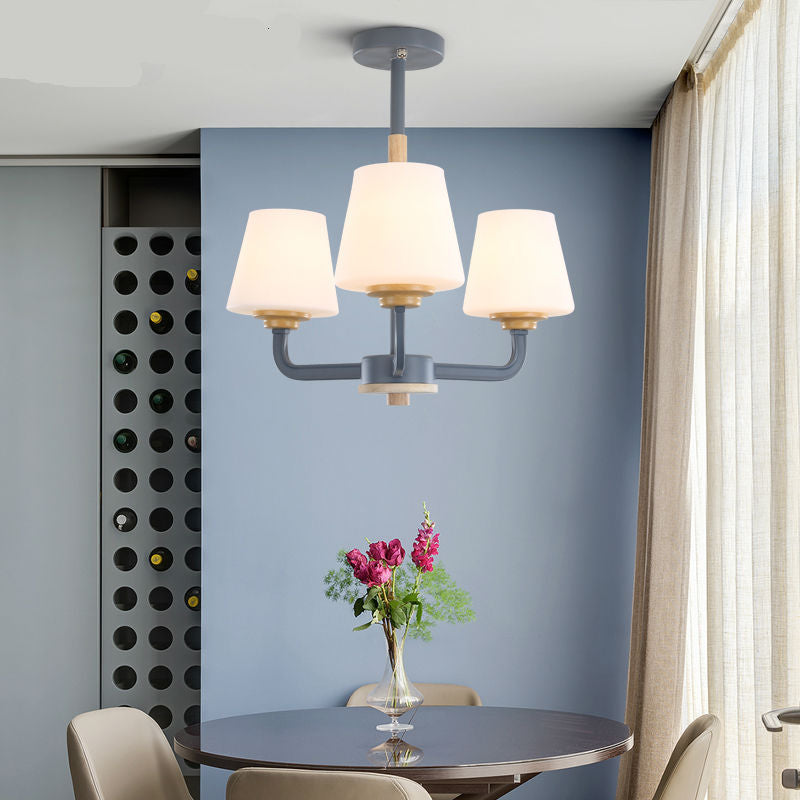 Cone Chandelier Light Fixture Modernism White Glass 3/5/6 Lights Hanging Ceiling Light in Grey/White/Green for Bedroom 3 Grey Clearhalo 'Ceiling Lights' 'Chandeliers' 'Modern Chandeliers' 'Modern' Lighting' 206069