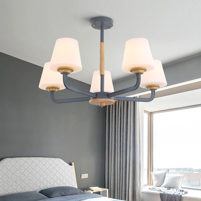 Cone Chandelier Light Fixture Modernism White Glass 3/5/6 Lights Hanging Ceiling Light in Grey/White/Green for Bedroom 5 Grey Clearhalo 'Ceiling Lights' 'Chandeliers' 'Modern Chandeliers' 'Modern' Lighting' 206072